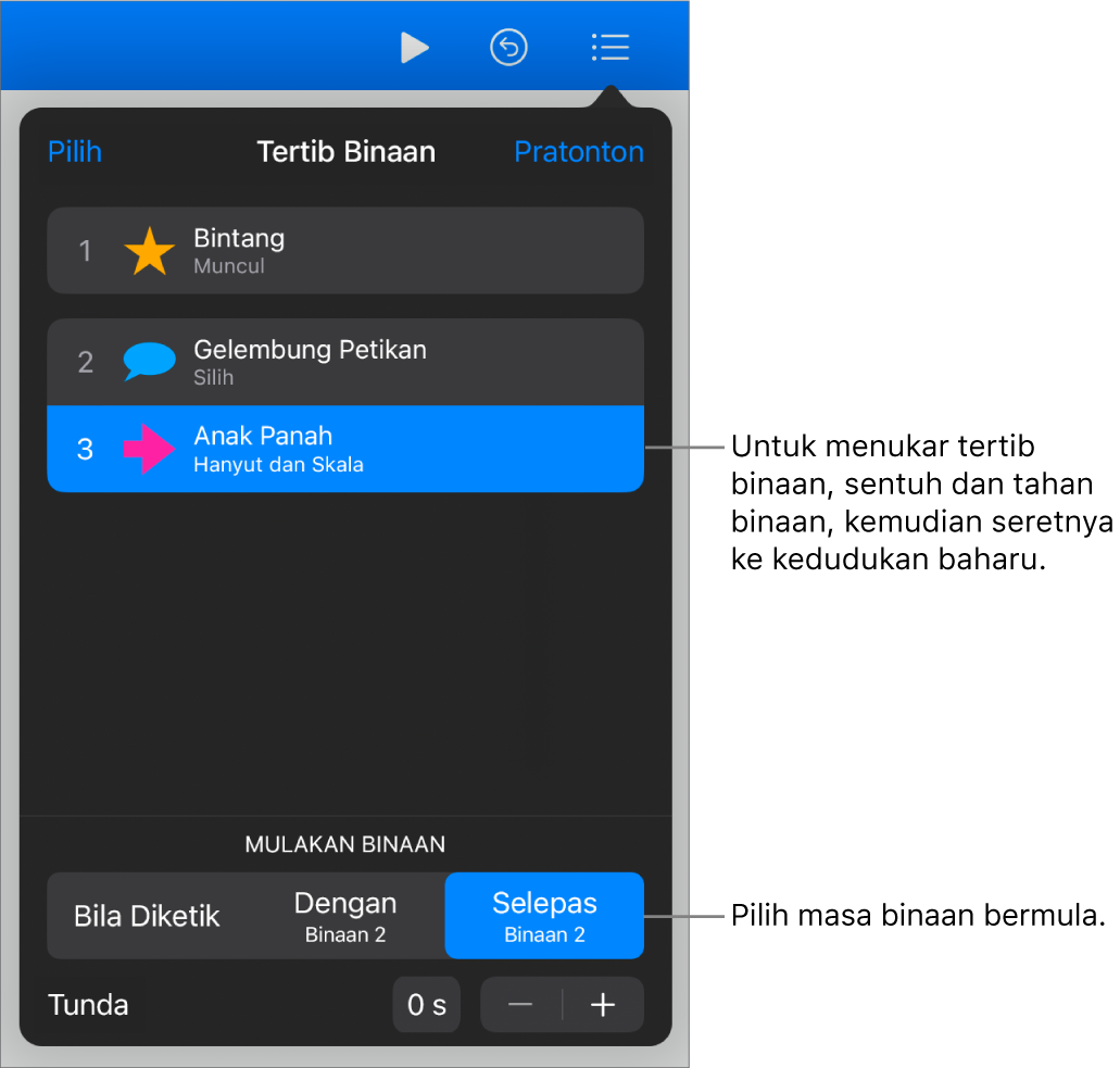Senarai Tertib Binaan menunjukkan kesan bina masuk dengan lencana kuning dan kesan bina keluar dengan lencana kelabu.