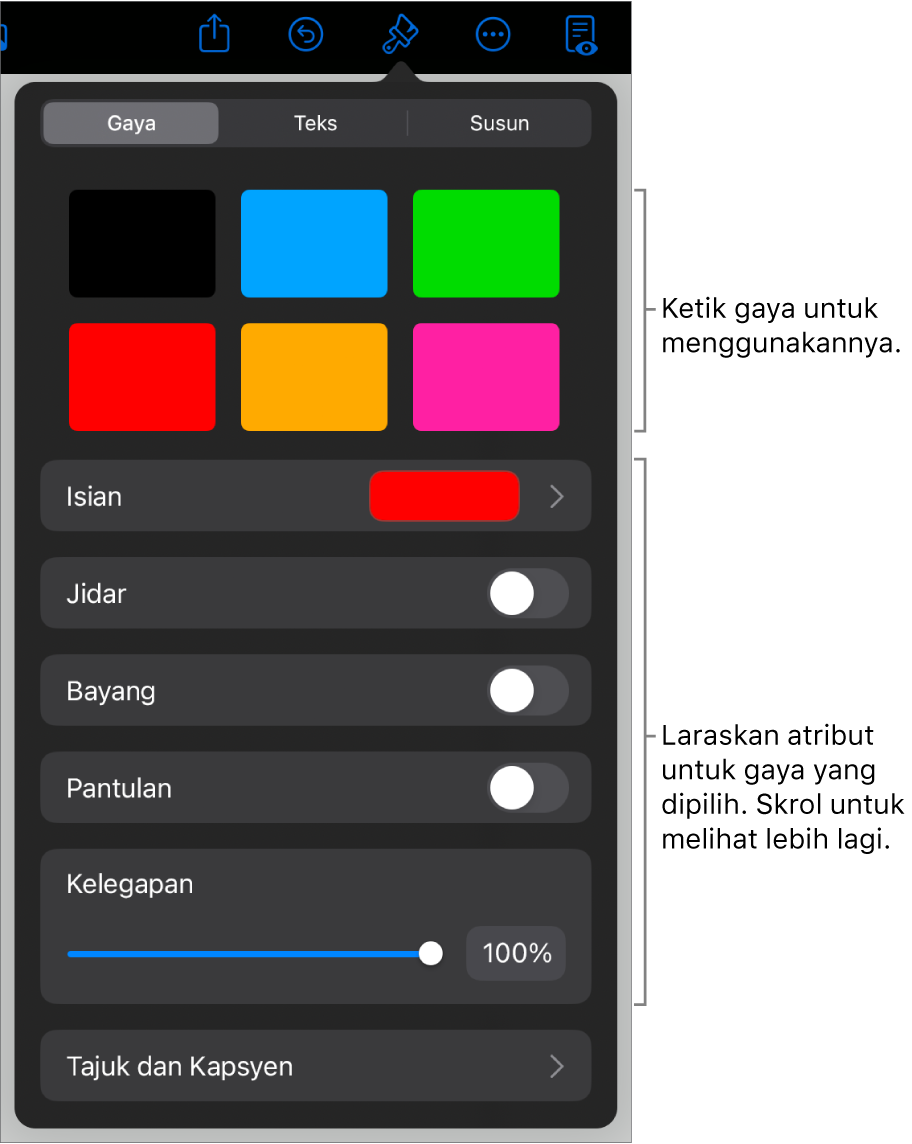 Tab Gaya menu Format dengan gaya objek di bahagian atas dan kawalan di bawahnya untuk menukar jidar, bayang, pantulan dan kelegapan.