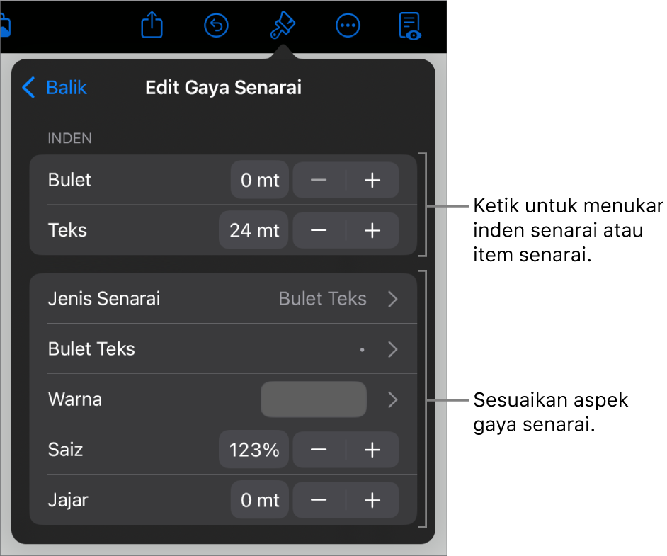 Menu Edit Gaya Senarai dengan kawalan untuk mengedit jenis dan penampilan senarai.