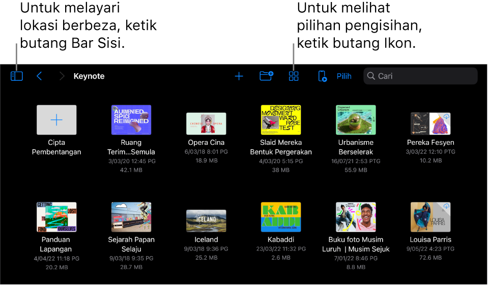 Paparan layar di pengurus pembentangan dengan pautan lokasi di penjuru kiri atas dan medan Carian di bahagian kanan atas. Di bahagian atas skrin ialah butang Tambah; butang Folder Baharu; butang Ikon yang digunakan untuk menapis mengikut nama, tarikh, saiz dan tag; butang Kawalan Jauh; dan butang Pilih. Di bawah ialah imej kecil pembentangan sedia ada.