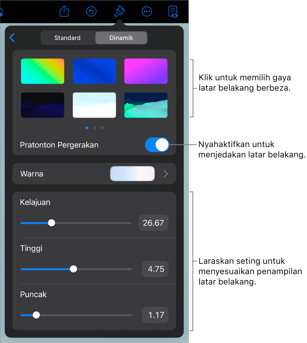 Kawalan latar belakang dinamik dengan imej kecil gaya latar belakang, butang Pratonton Pergerakan dan kawalan disesuaikan dipaparkan.