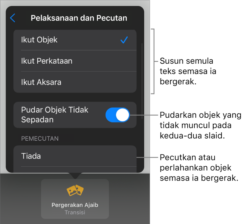 Pilihan penghantaran dan pemecutan Magic Move dalam anak tetingkap Pemecutan.