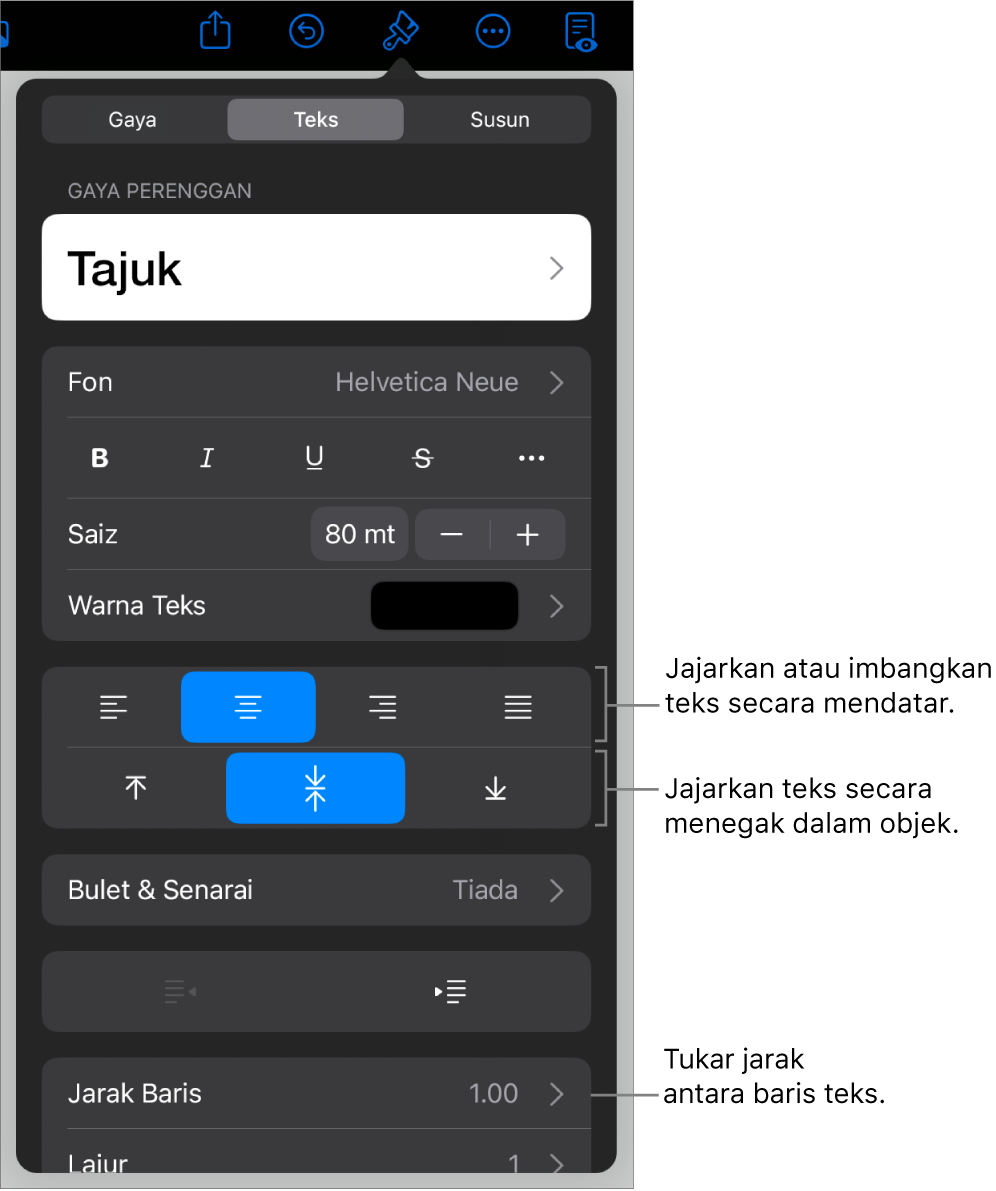 Bahagian Tataletak dengan petak bual ke butang penjajaran dan jarak teks.