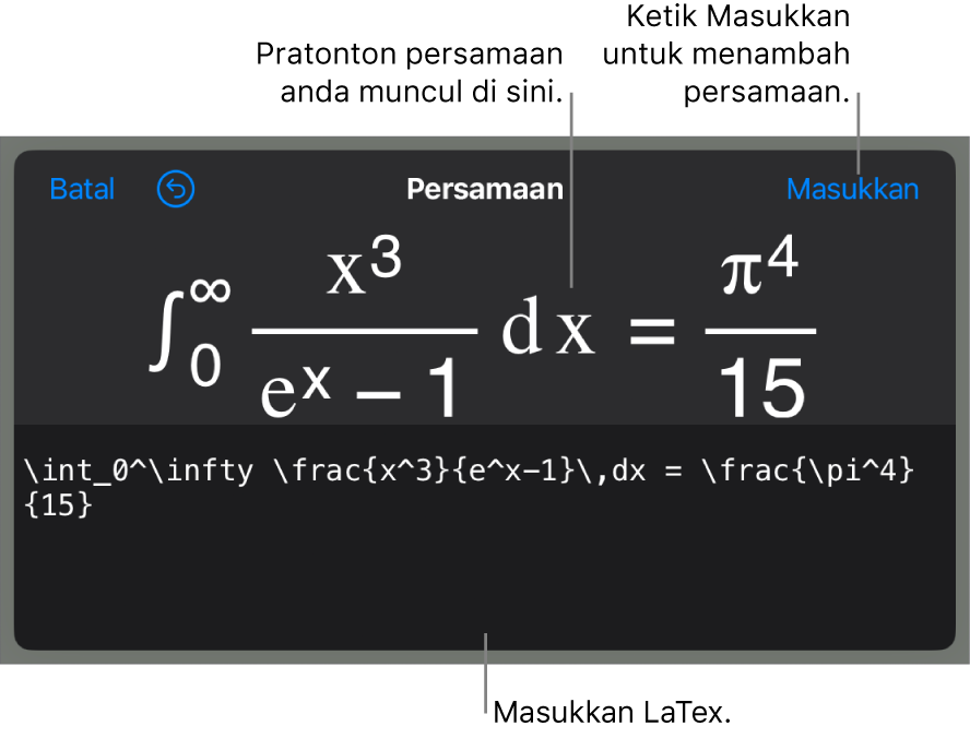 Dialog Persamaan, menunjukkan persamaan yang ditulis menggunakan perintah LaTex manakala pratonton formulanya di atas.