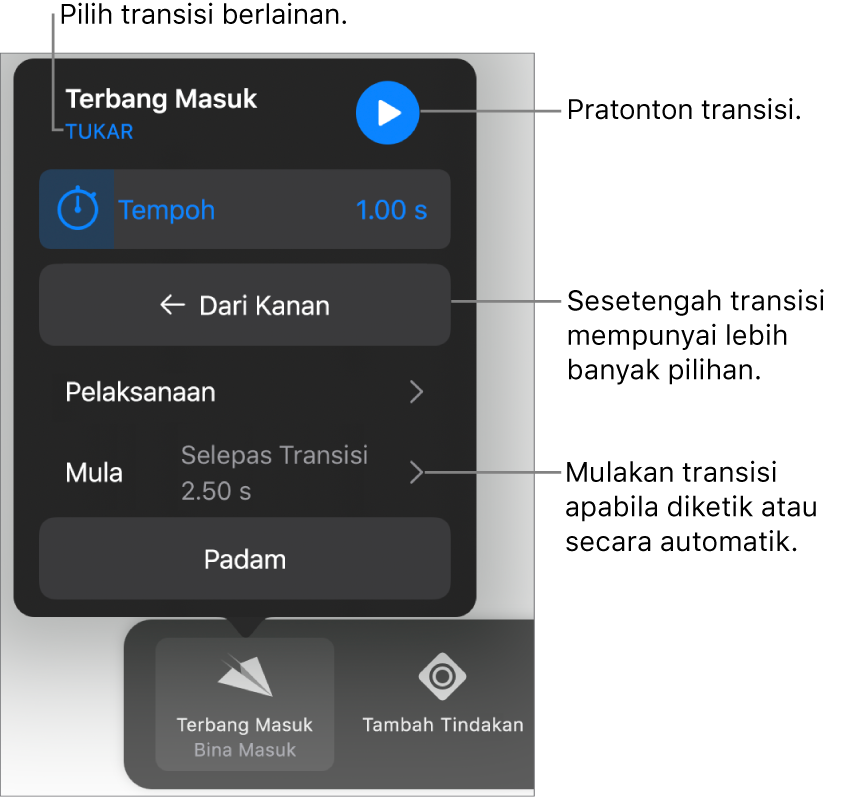 Kawalan dalam anak tetingkap Pilihan untuk mengubah suai transisi.