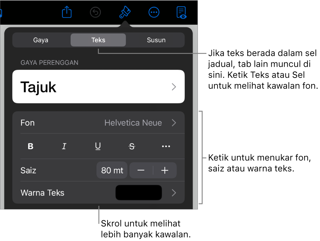 Kawalan teks dalam menu Format untuk mengesetkan perenggan dan gaya, fon, saiz dan warna aksara.