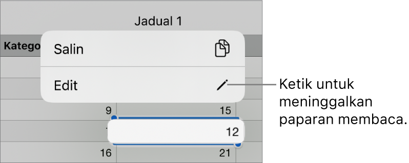 Sel jadual dipilih dan di atasnya ialah menu dengan butang Salin dan Edit.