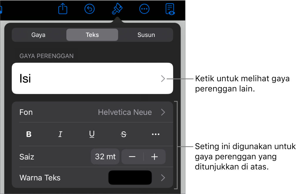 Menu Format menunjukkan kawalan teks untuk mengesetkan perenggan dan gaya, fon, saiz dan warna aksara.