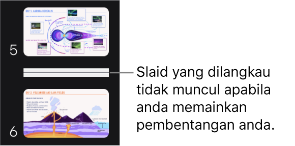 Penavigasi slaid dengan slaid dilangkau ditunjukkan sebagai garis mendatar.