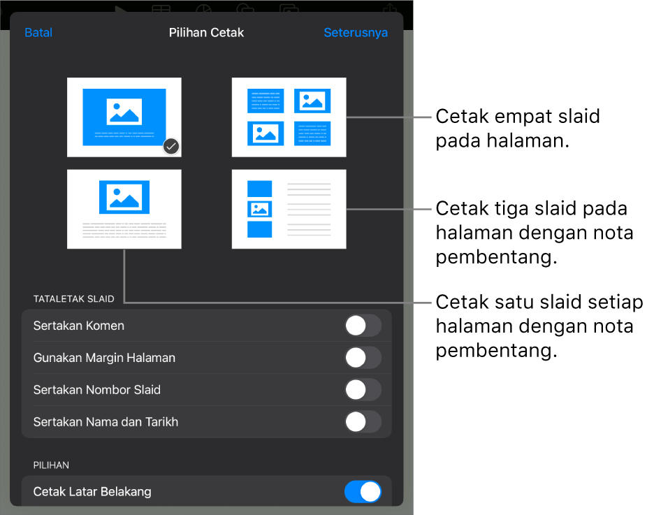 Pilihan tataletak cetakan.