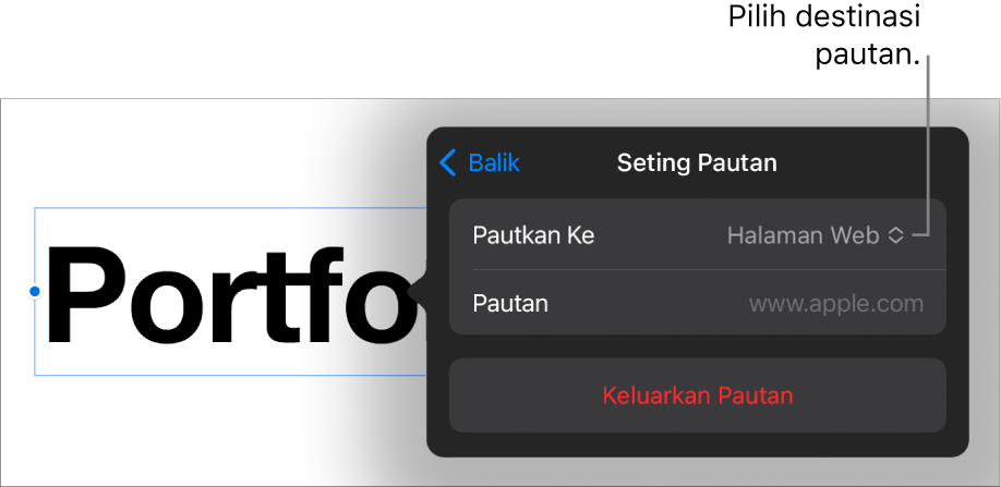 Kawalan Seting Pautan dengan Halaman Web dipilih dan butang Keluarkan Pautan di bahagian bawah.