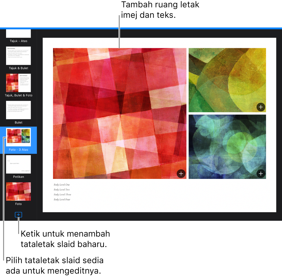 Tataletak slaid ditunjukkan pada kanvas slaid, dengan butang Tambah Tataletak Slaid di bahagian bawah penavigasi slaid.