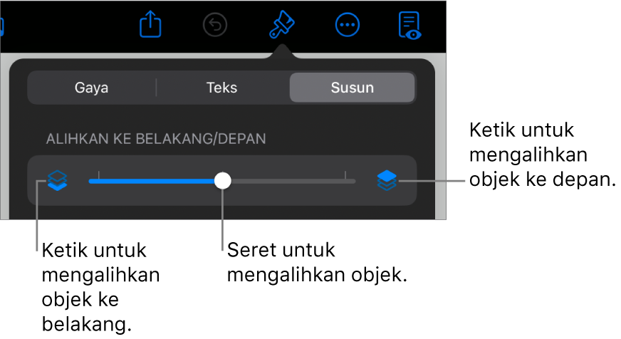 Butang Bergerak Ke Depan, butang Bergerak Ke Belakang dan gelangsar lapisan.