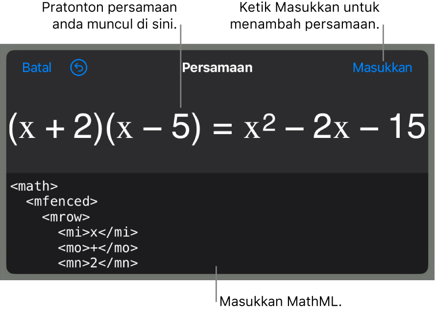 Dialog Persamaan, menunjukkan persamaan yang ditulis menggunakan perintah MathML manakala pratonton formulanya di atas.