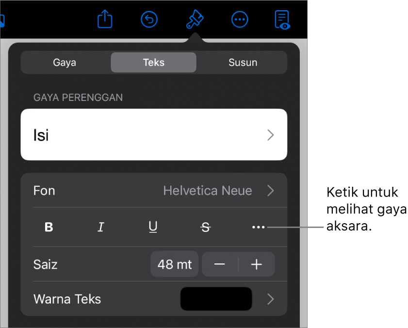 Kawalan Format dengan gaya perenggan di bahagian atas, kemudian kawalan Fon. Di bawah fon ialah butang Tebal, Italik, Garis Bawah, Garis Potong dan Lebih Banyak Pilihan Teks.