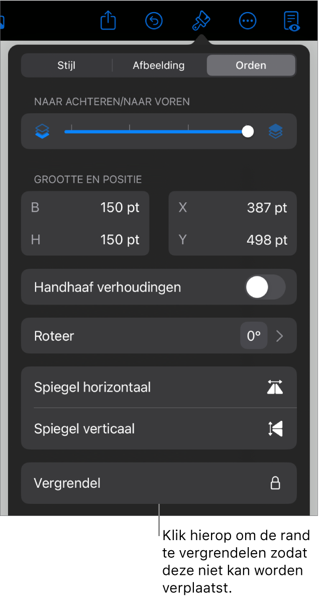 De ordenfuncties in het opmaakmenu met uitleg bij de knop 'Vergrendel'.