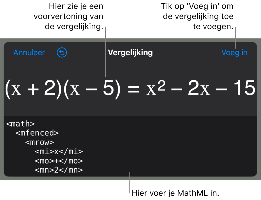 Het venster 'Vergelijking' met daarin een vergelijking die geschreven is met MathML-commando's en erboven een voorvertoning van de formule.