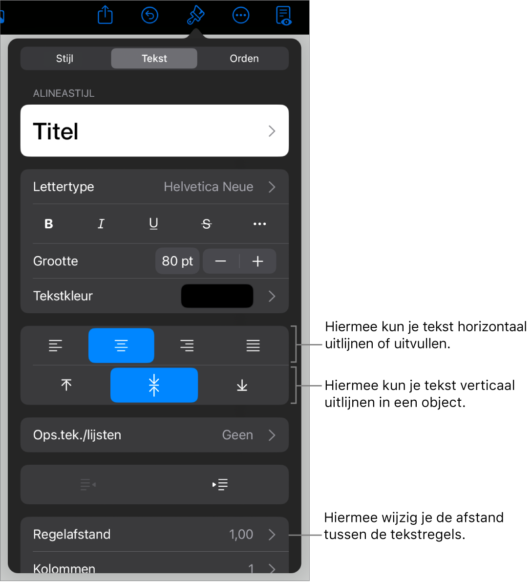 Het paneel 'Lay-out' met uitleg bij tekstuitlijn- en afstandsknoppen.