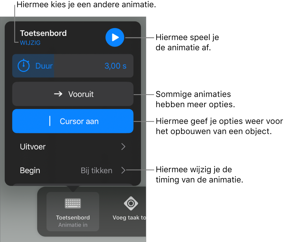 Je kunt opties instellen als 'Duur', 'Uitvoer' en 'Begin'. Tik op 'Wijzig' om een andere animatie te kiezen. Tik op 'Toon' voor een voorvertoning van de animatie.