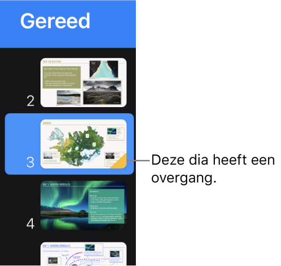 Een geel driehoekje op een dia betekent dat de dia een overgang heeft.