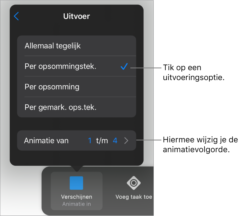 Uitvoeringsopties in het paneel 'Animatie in'.