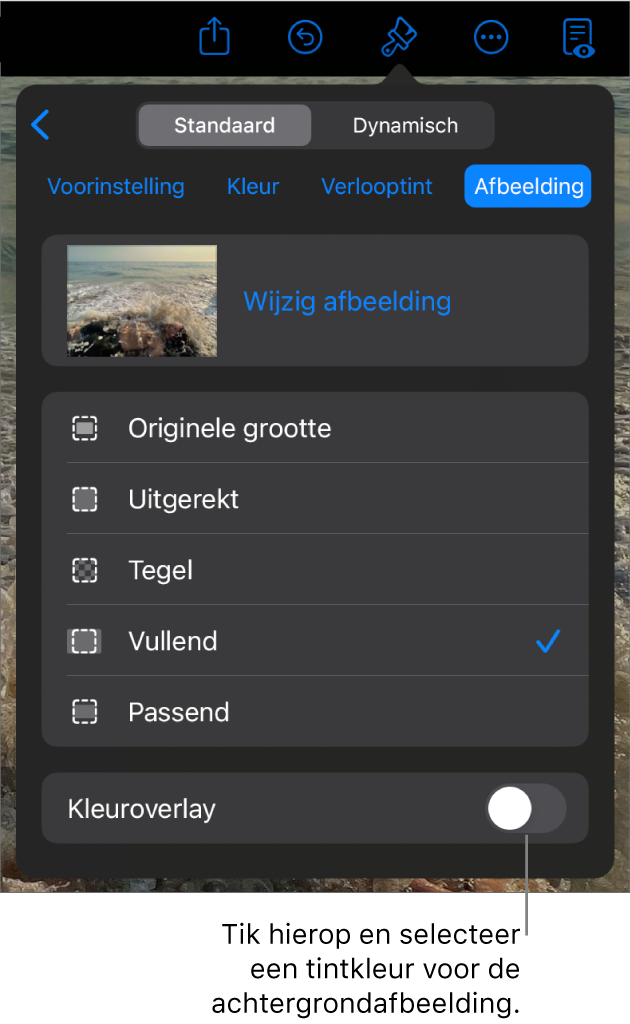 De achtergrondregelaars; als dia-achtergrond is een afbeelding ingesteld en onderaan staat de regelaar 'Kleuroverlay'.