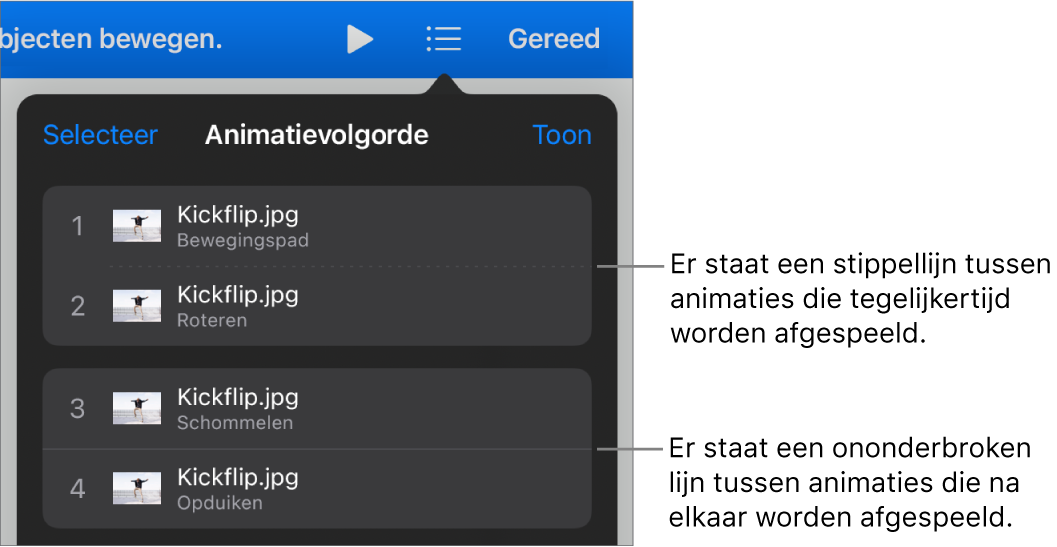 Het menu 'Animatievolgorde' met een stippellijn tussen animaties die tegelijkertijd worden afgespeeld en een ononderbroken lijn tussen animaties die na elkaar worden afgespeeld.