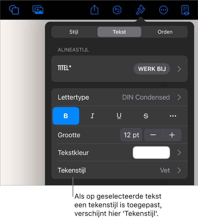 De opmaakregelaars voor tekst met 'Tekenstijl' onder de kleurregelaars. Naast de tekenstijl 'Geen' staat een sterretje.