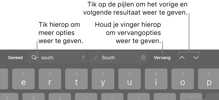 De zoek- en vervangregelaars boven het toetsenbord met uitleg bij de knop voor zoekopties, de knop 'Vervang' en de knoppen met een pijl-omhoog en pijl-omlaag.