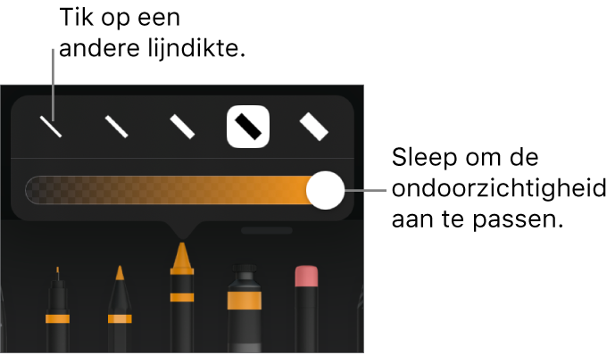 Regelaars voor het kiezen van een lijndikte en een schuifknop voor het aanpassen van de ondoorzichtigheid.