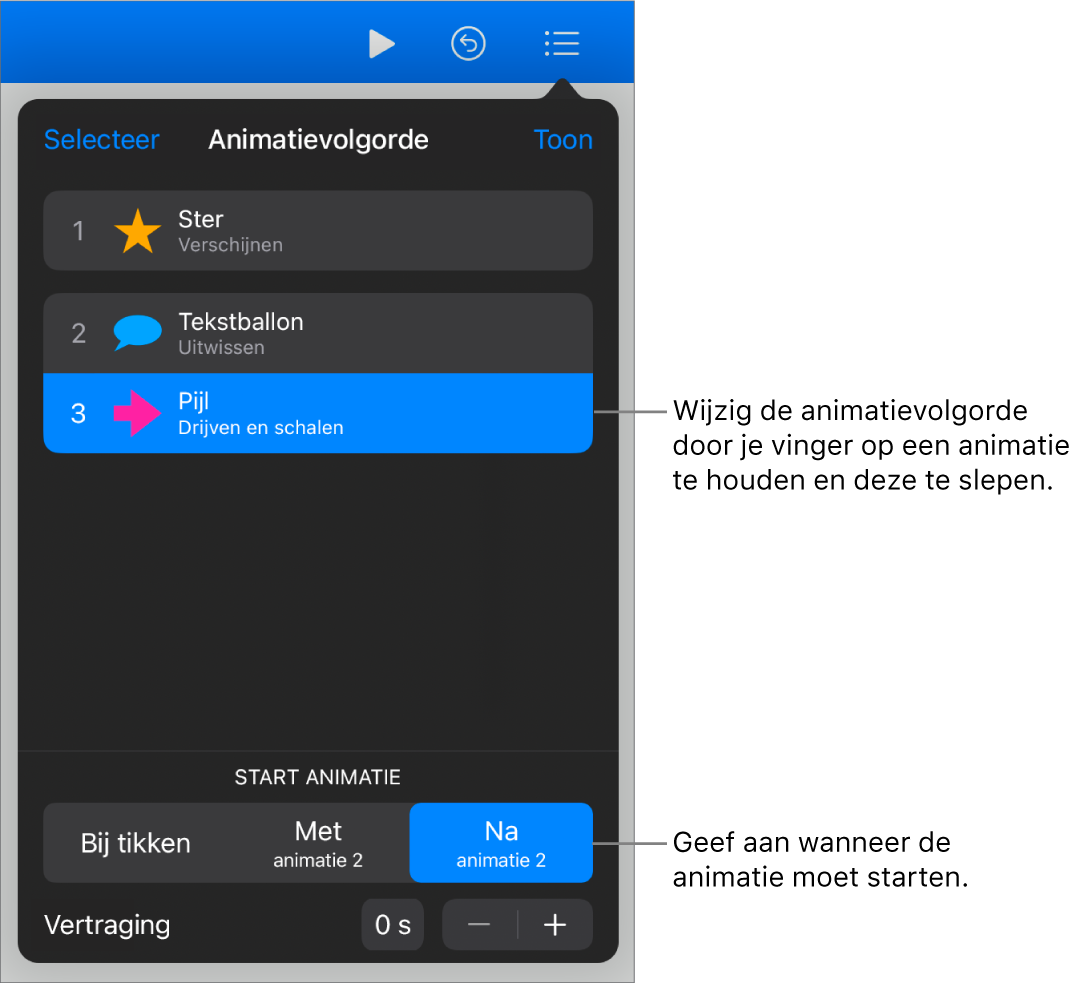 De lijst 'Animatievolgorde' met begineffecten met gele symbolen en eindeffecten met grijze symbolen.