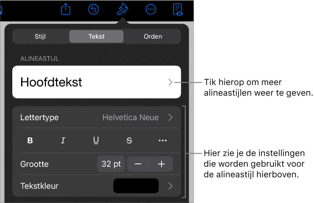 Het opmaakmenu met tekstregelaars voor het instellen van alinea- en tekenstijl, lettertype, lettergrootte en kleur.