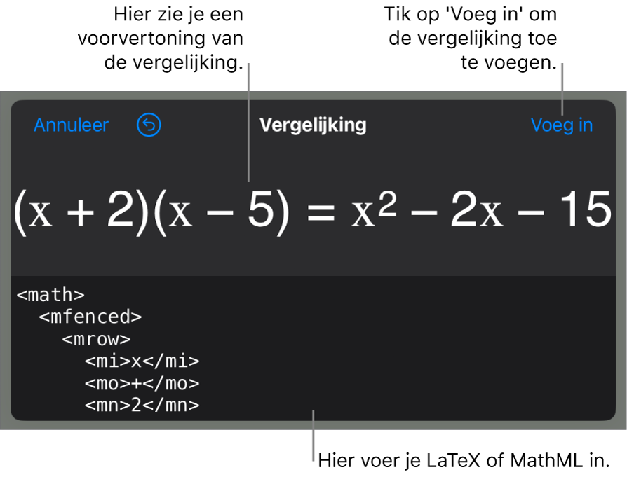 Het venster 'Vergelijking' met daarin een vergelijking die geschreven is met MathML-commando's en erboven een voorvertoning van de formule.