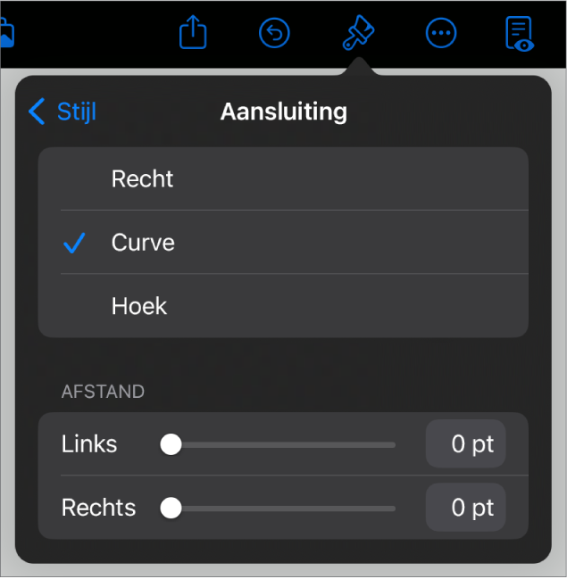 De aansluitingsregelaars waarbij 'Curve' is geselecteerd.