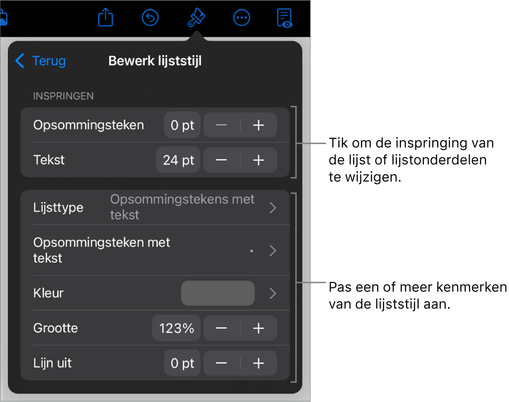 Het menu 'Bewerk lijststijl' met regelaars voor het wijzigen van het lijsttype en de vormgeving van de lijst.