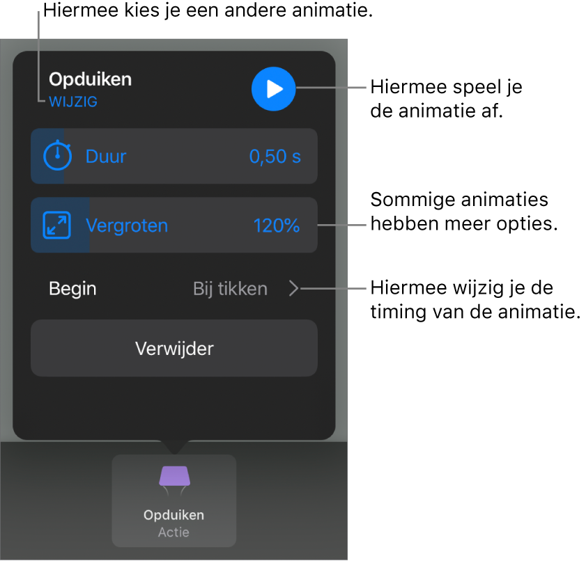 Je kunt opties instellen als 'Duur' en 'Begin'. Tik op 'Wijzig' om een andere animatie te kiezen. Tik op 'Toon' voor een voorvertoning van de animatie.