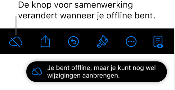 De knoppen boven in het scherm, met de knop voor samenwerking die is veranderd in een wolk met een schuine streep. De volgende melding verschijnt op het scherm: 'Je bent offline, maar je kunt nog wel wijzigingen aanbrengen.'