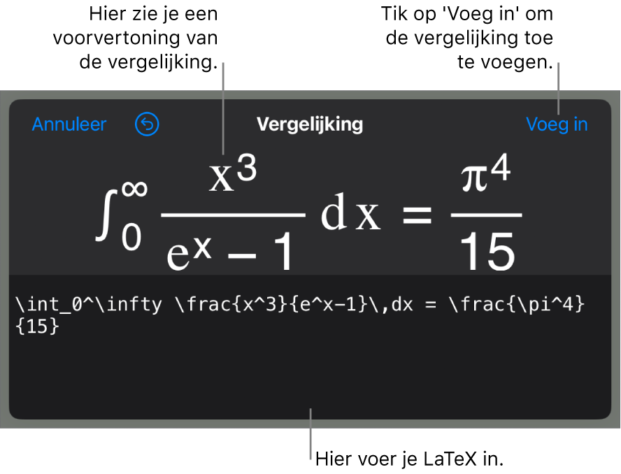 Het venster 'Vergelijking' met daarin een vergelijking die geschreven is met LaTeX-commando's en erboven een voorvertoning van de formule.
