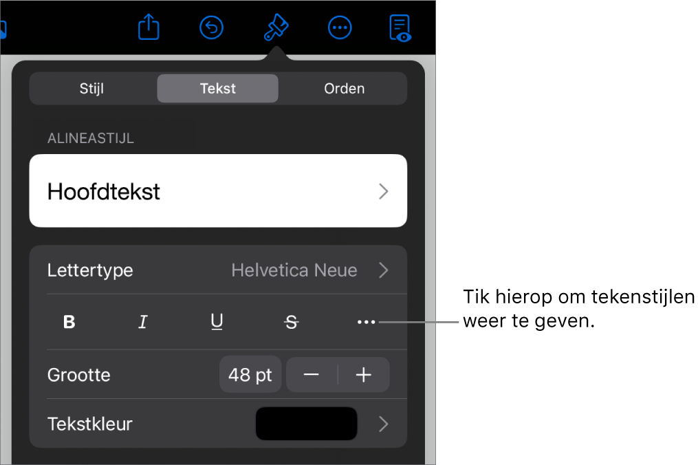 De opmaakregelaars met bovenin de alineastijlen en daaronder de lettertyperegelaars. Onder 'Lettertype' staan de knoppen voor 'Vet', 'Cursief', 'Onderstreept', 'Doorgehaald' en de knop voor meer tekstopties.