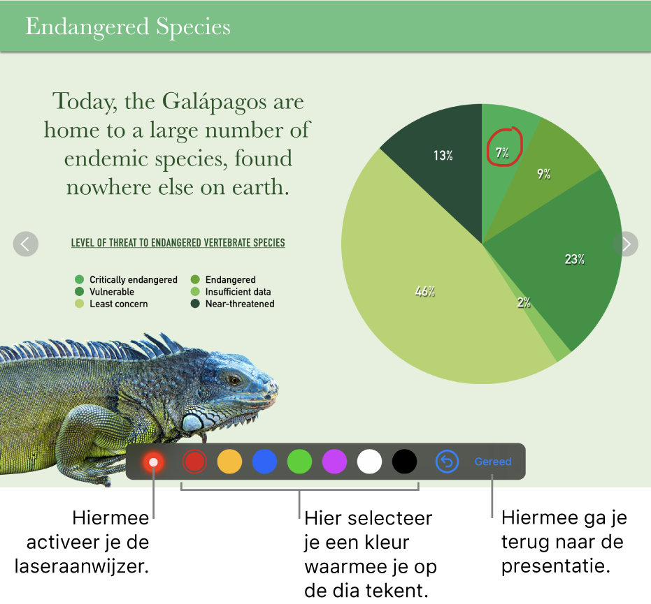 Een dia in de tekenmodus met de laseraanwijzer en kleurselectieregelaars.