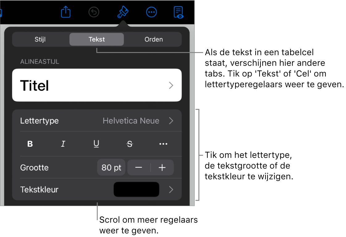 Tekstregelaars in het opmaakmenu voor het instellen van alinea- en tekenstijl, lettertype, lettergrootte en kleur.