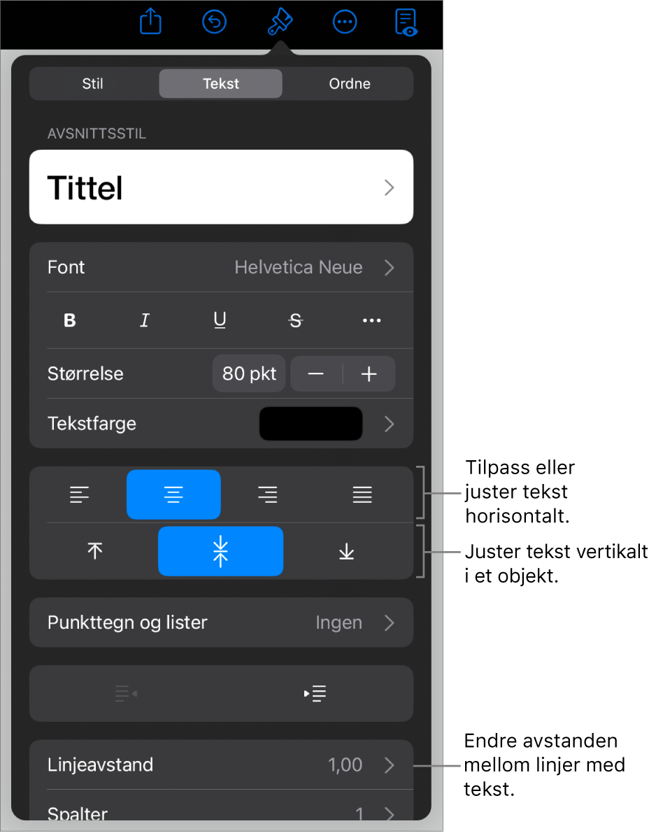 Layout-panelet med forklaringer for knapper for tekstjustering og -avstand.