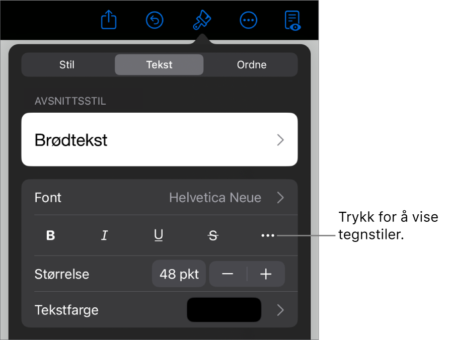 Format-kontrollene med avsnittsstiler øverst, deretter Font-kontroller. Under Font vises Halvfet-, Kursiv-, Understreket-, Gjennomstreket- og Flere tekstvalg-knappene.