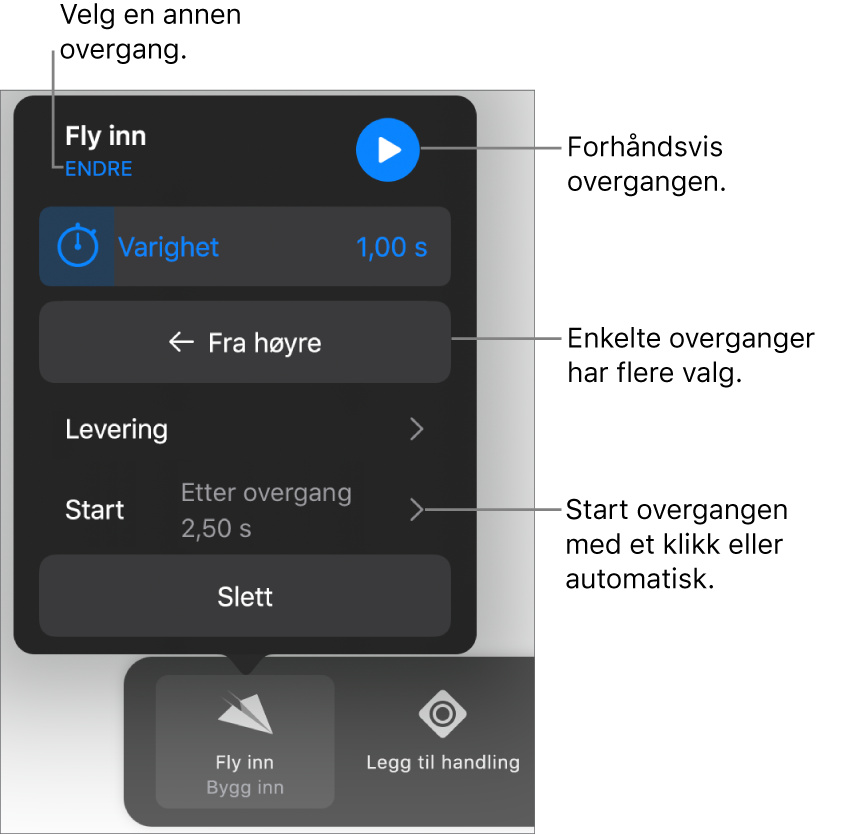 Kontrollene i Valg-panelet for å endre en overgang.