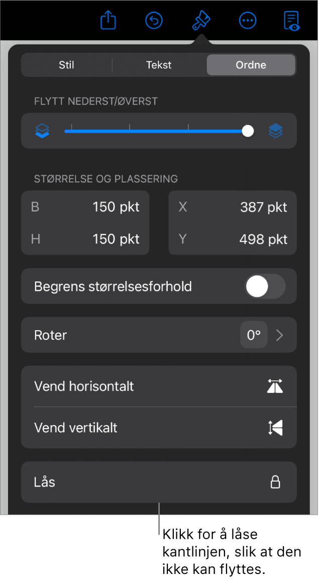 Ordne-kontrollene i Format-menyen med Lås-knappen framhevet.