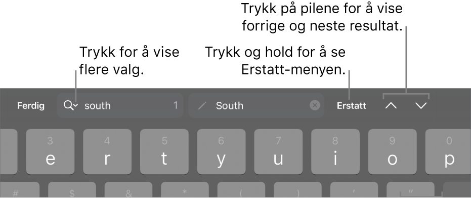 Søk og erstatt-kontrollene over tastaturet med bildebeskrivelser for knappene for Søkealternativer, Erstatt, Gå opp og Gå ned.