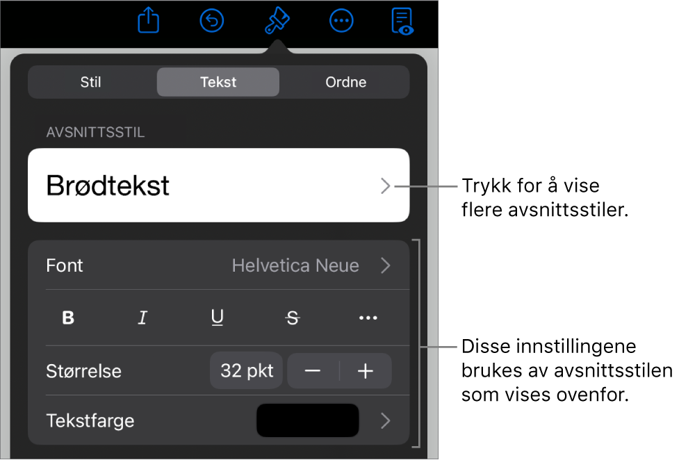 Format-menyen som viser tekstkontroller for å angi avsnitts- og tegnstiler, font, størrelse og farge.