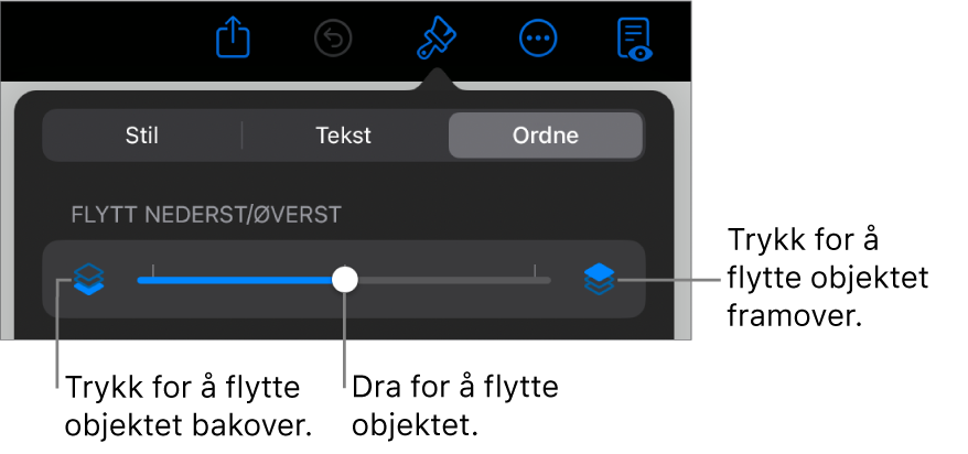 Flytt bakover-knappen, Flytt framover-knappen og skyveknappen for lagdeling.