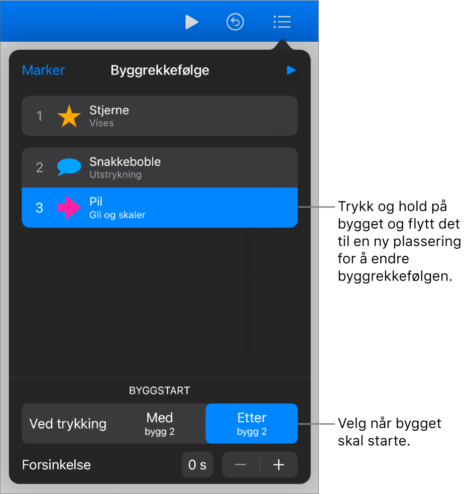 Byggrekkefølge-listen, som viser Bygg inn-effekter med gule merker og Bygg ut-effekter med grå merker.