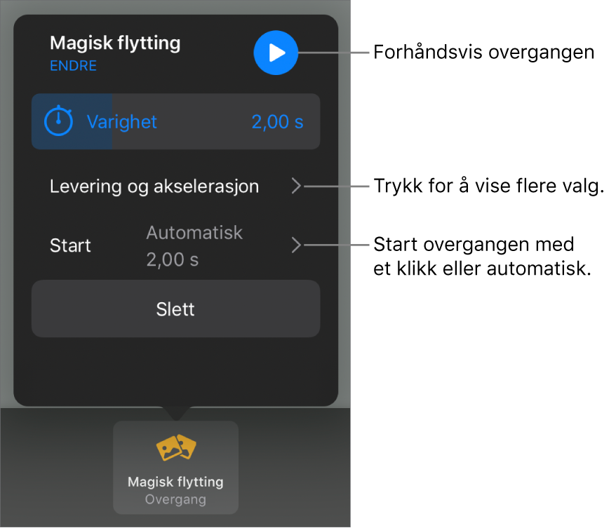 Magisk flytting-kontroller i Overganger-panelet.